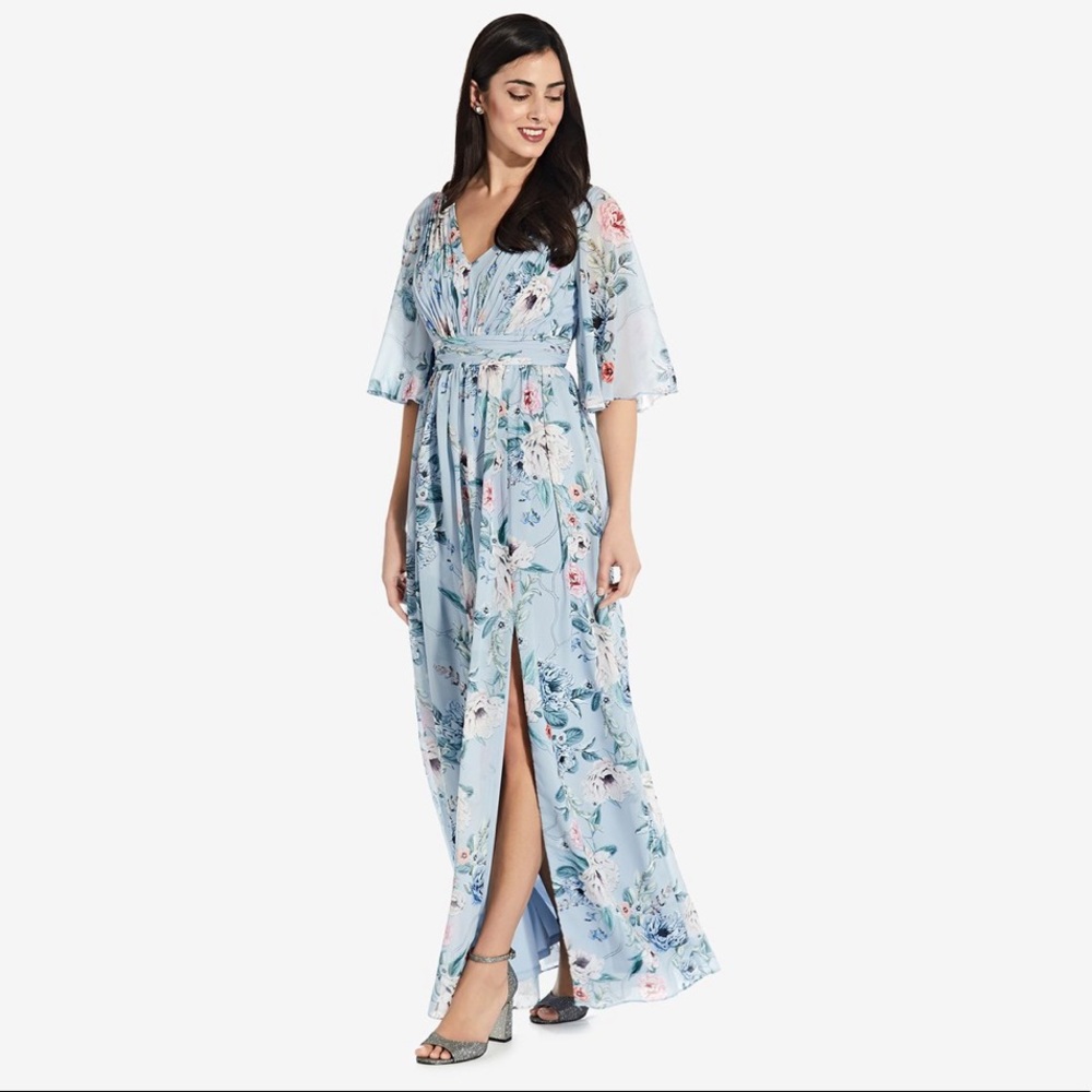 Adrianna Papell Floral Chiffon Maxi Gown Dress.